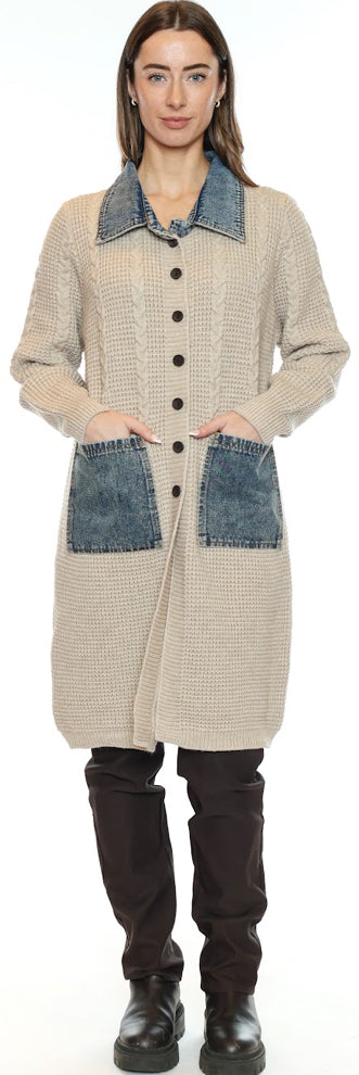 CABLE KNIT DENIM CARDIGAN