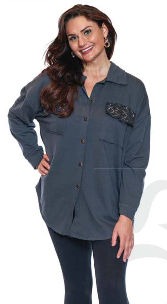 Sequin pocket button up