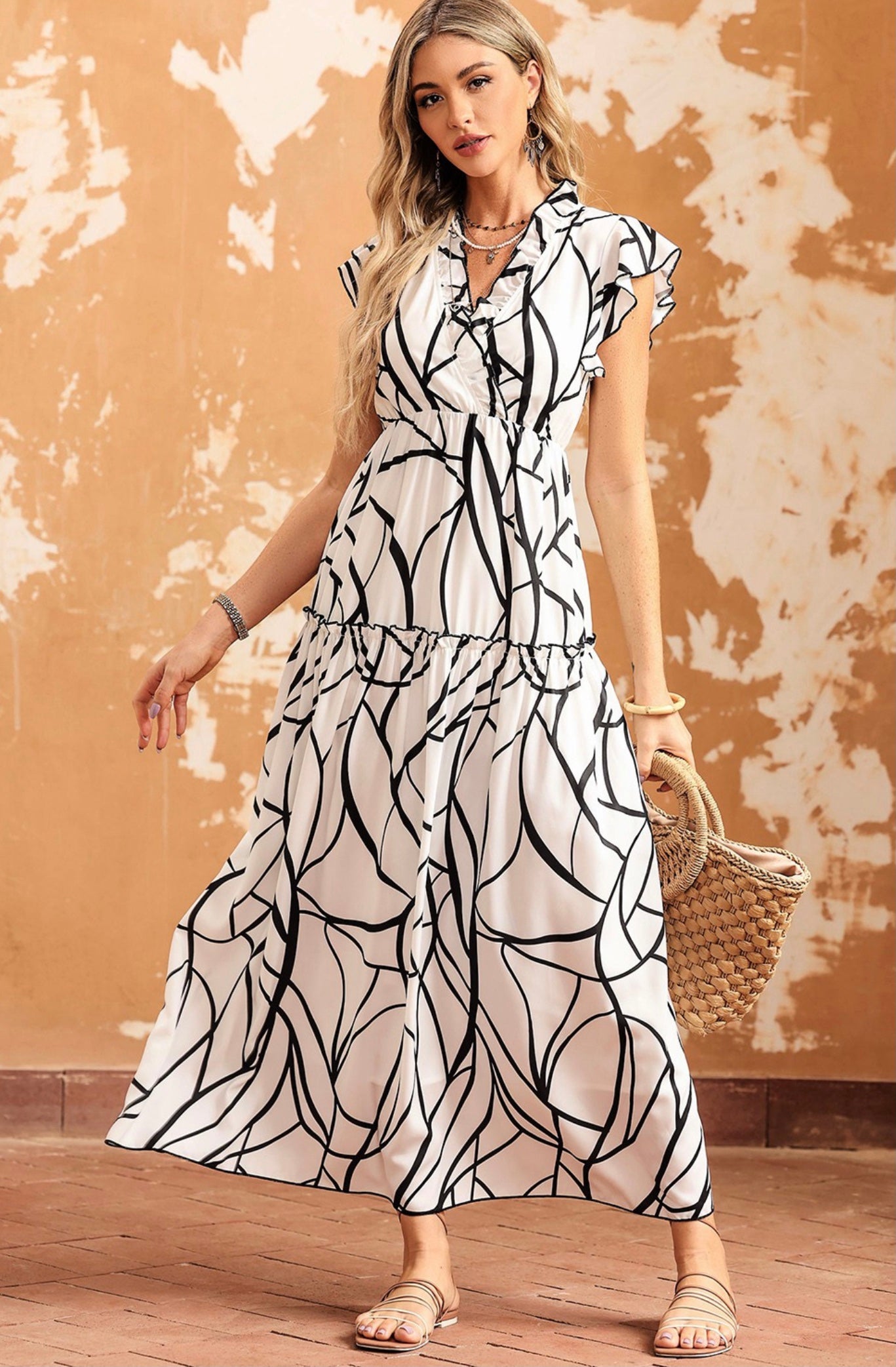 Abstract Print Ruffle Maxi Dress