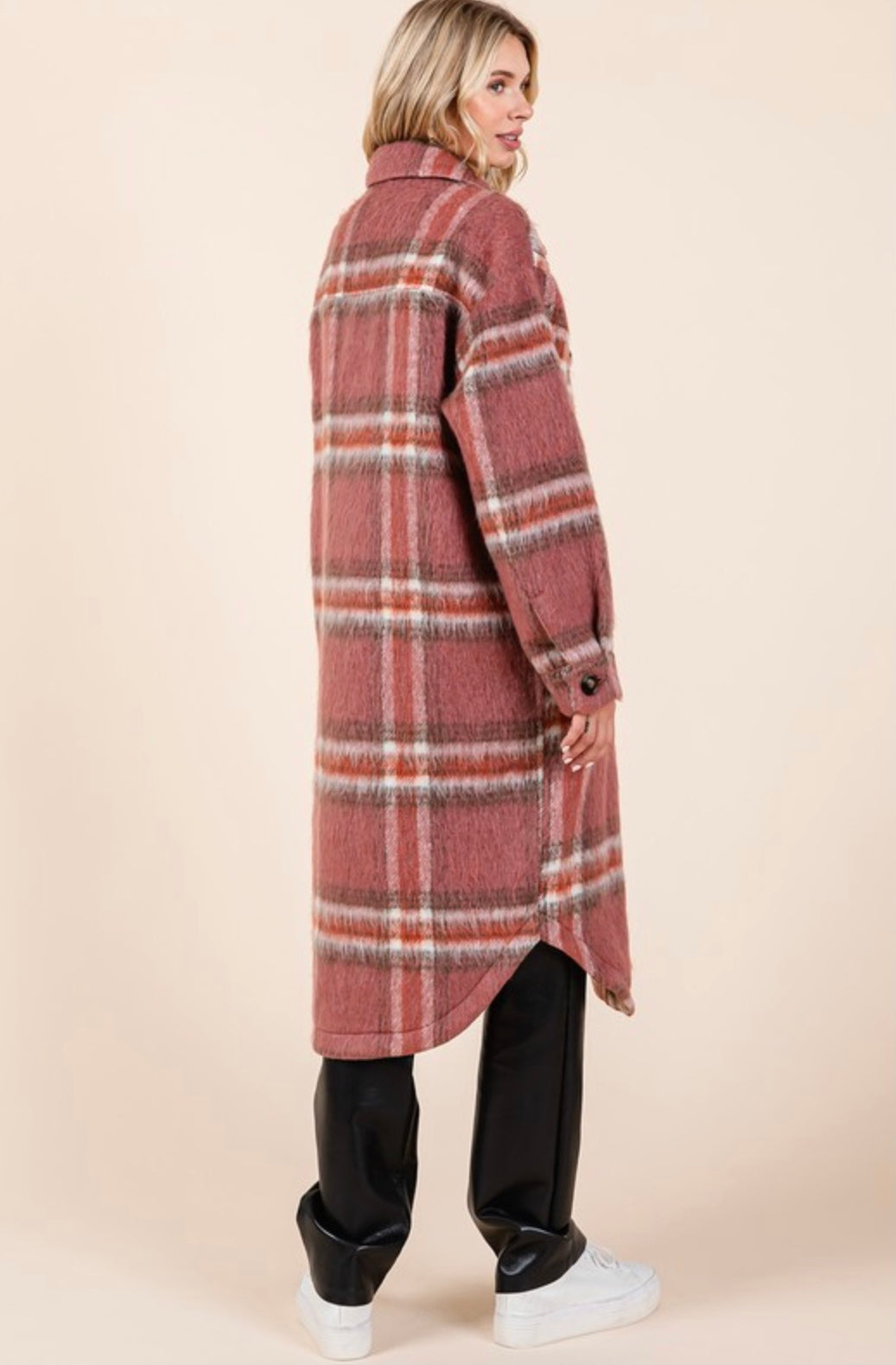 Plaid faux fur button-down long coat