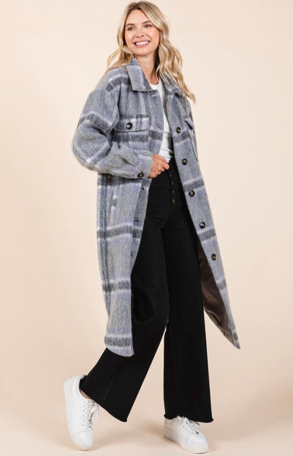 Plaid faux fur button-down long coat