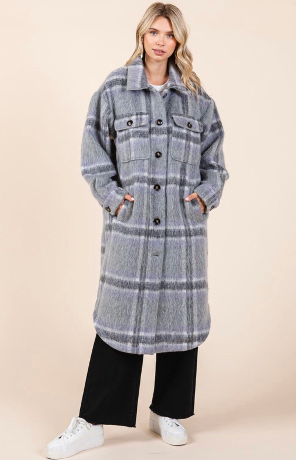 Plaid faux fur button-down long coat