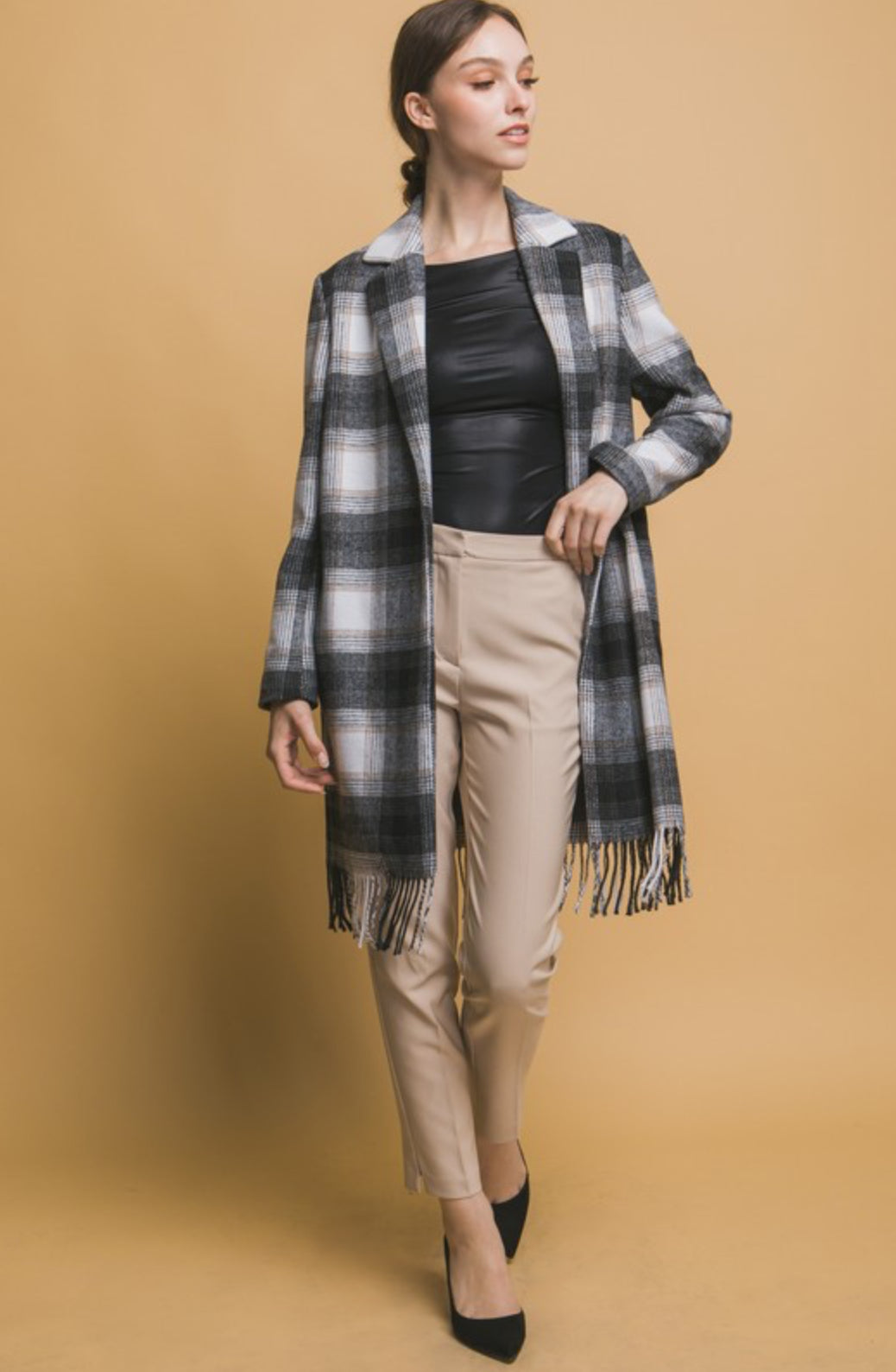 Love Tree Fringed Plaid Coat