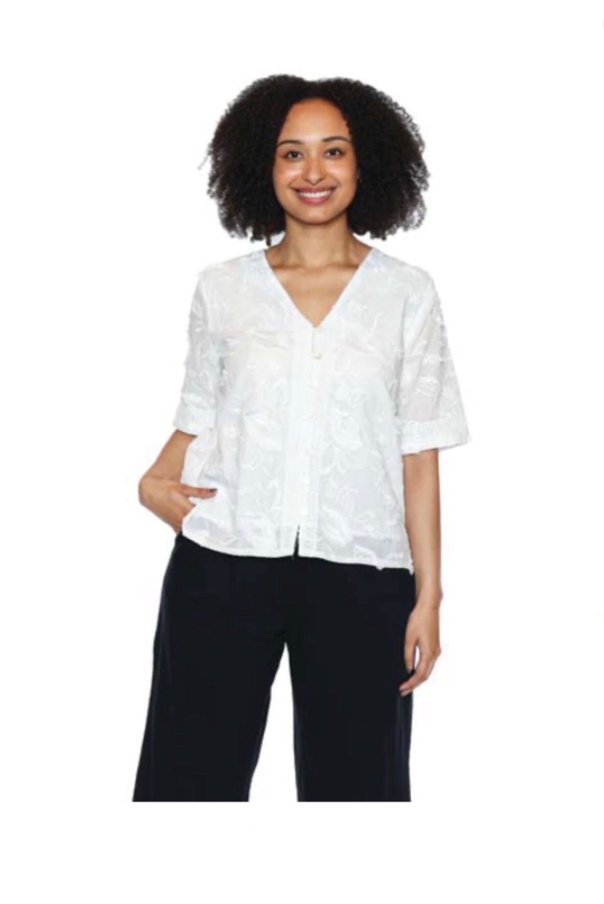 White Embroidered Button Top
