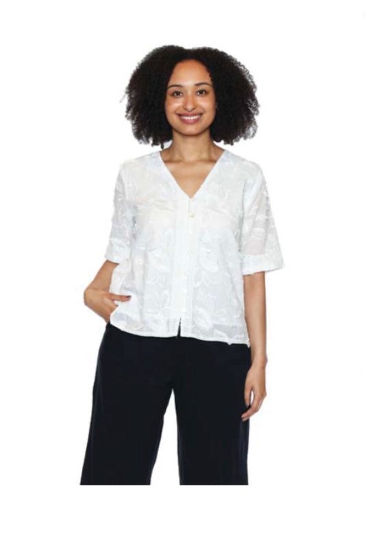 White Embroidered Button Top