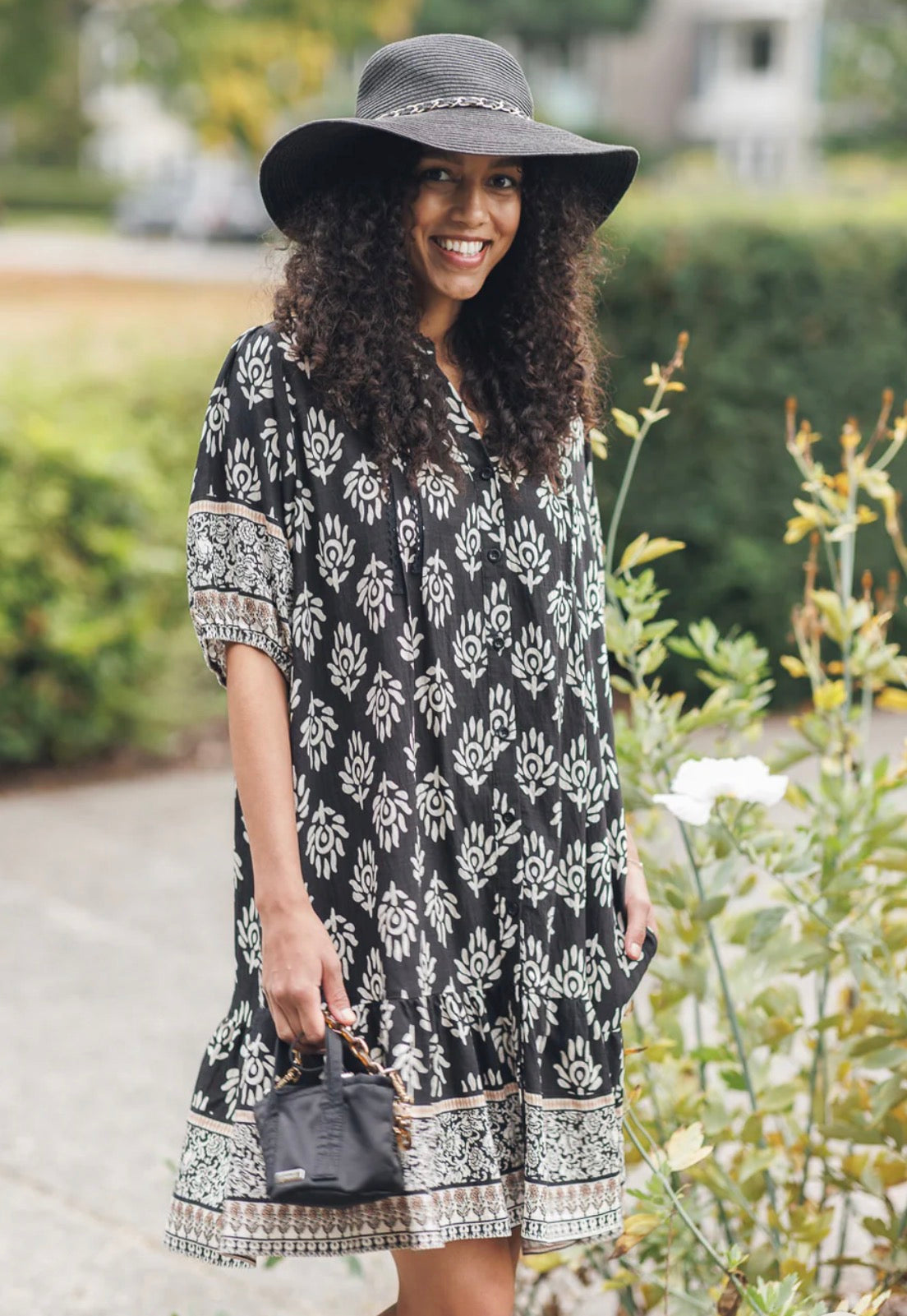 Damask Print Button Dress