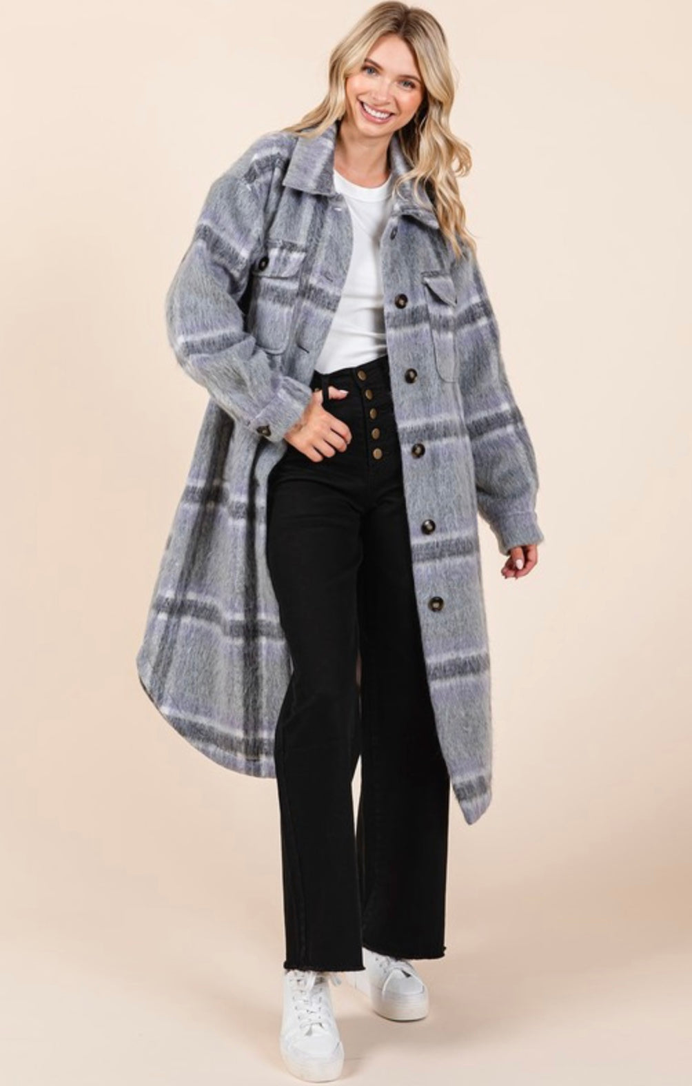 Plaid faux fur button-down long coat