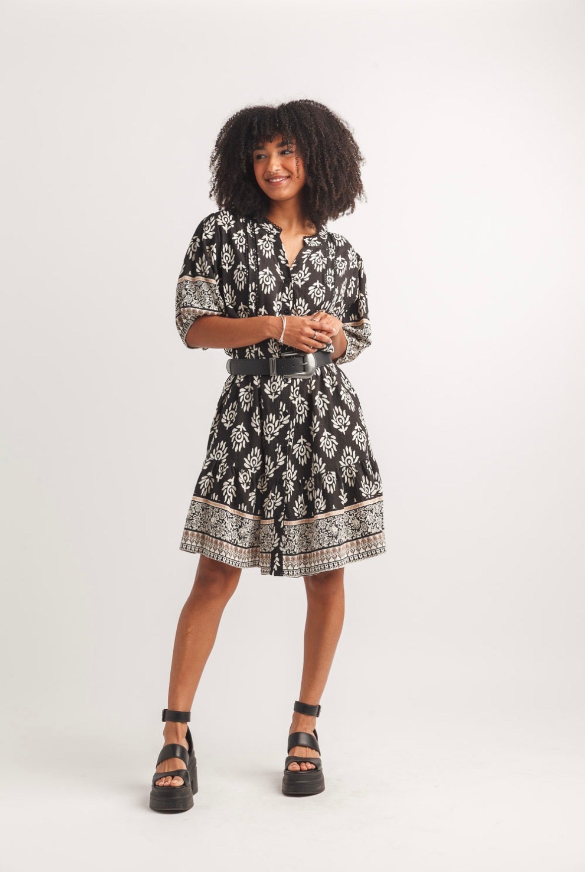Damask Print Button Dress