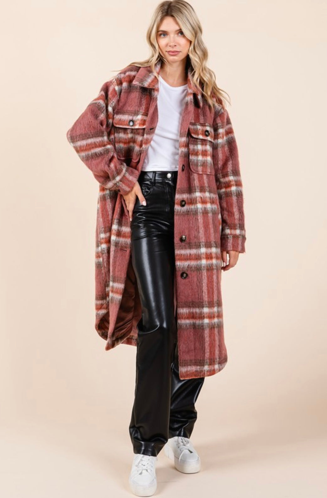 Plaid faux fur button-down long coat