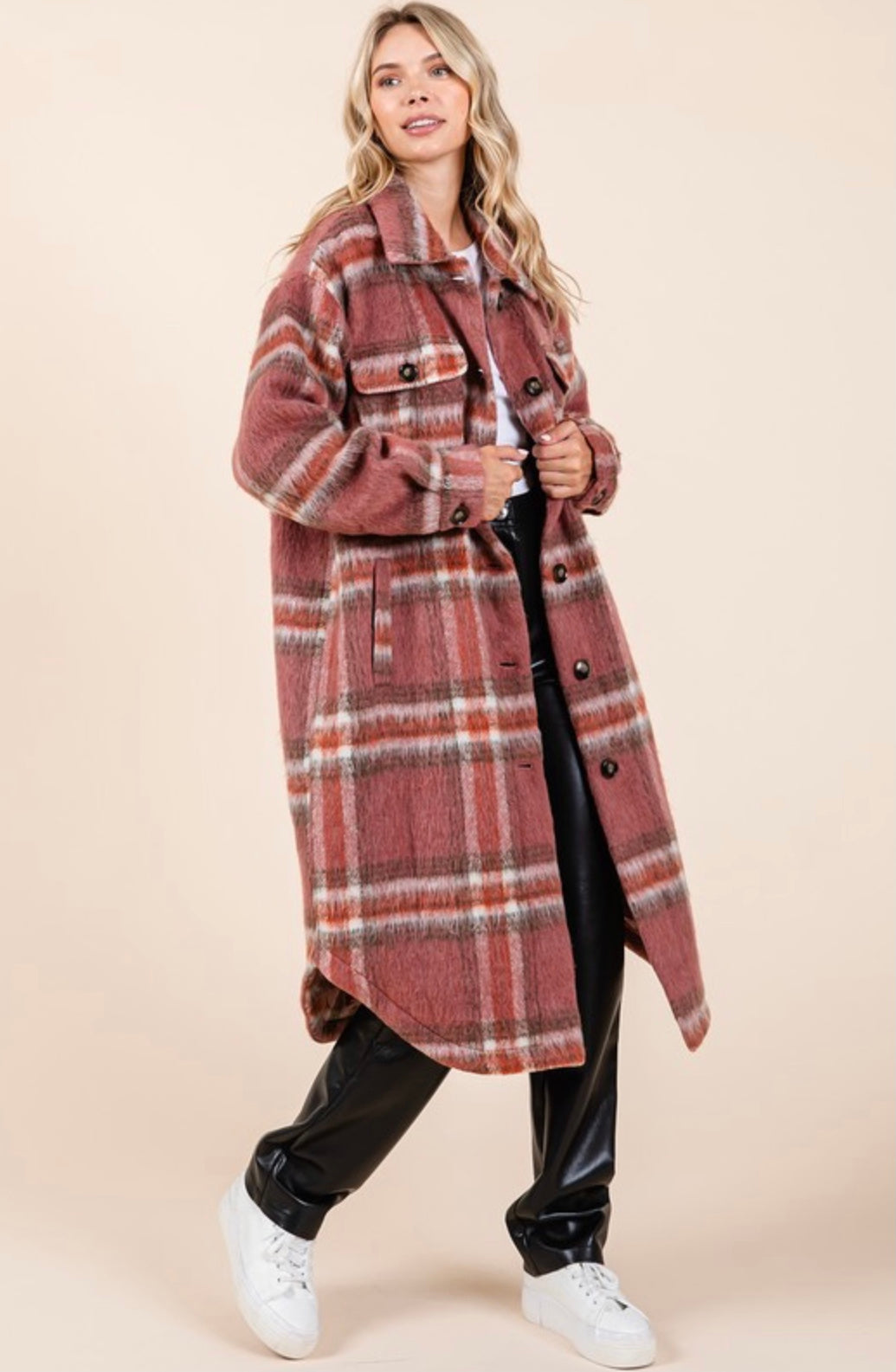 Plaid faux fur button-down long coat