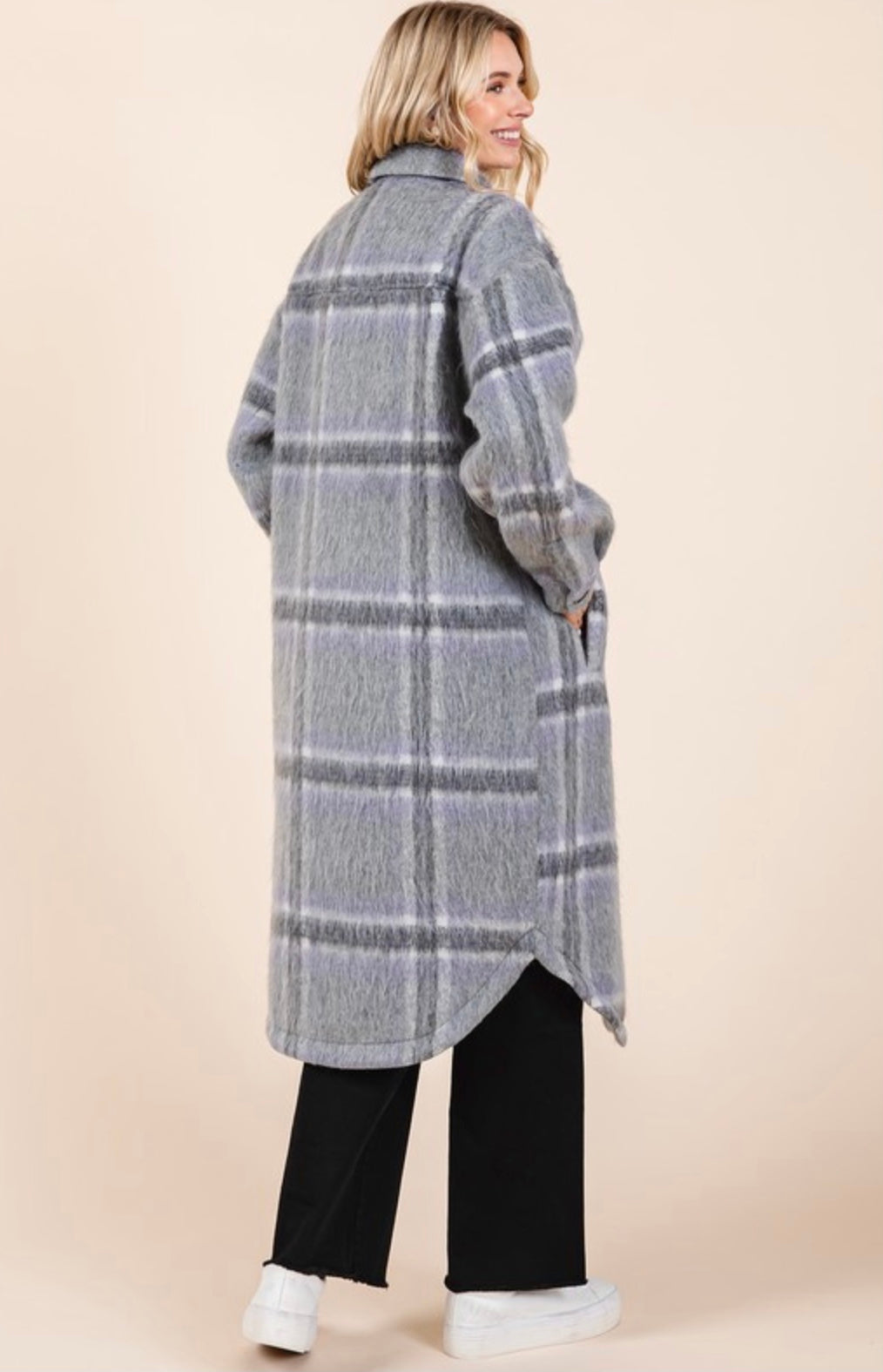 Plaid faux fur button-down long coat