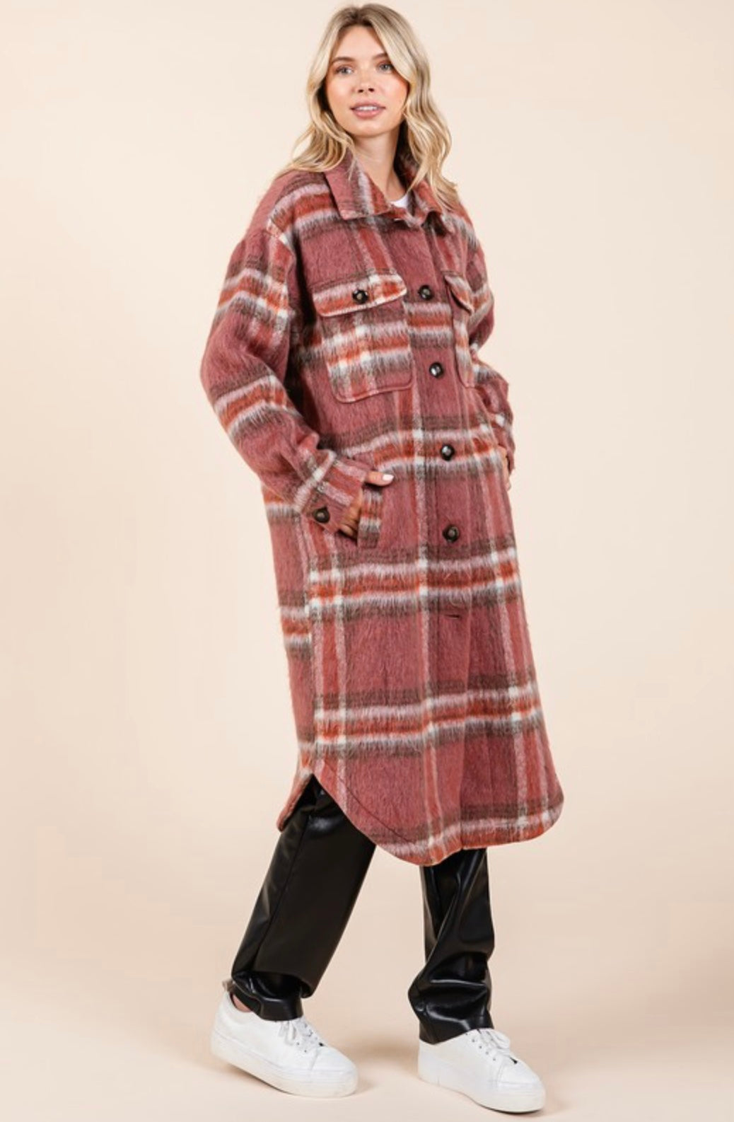 Plaid faux fur button-down long coat