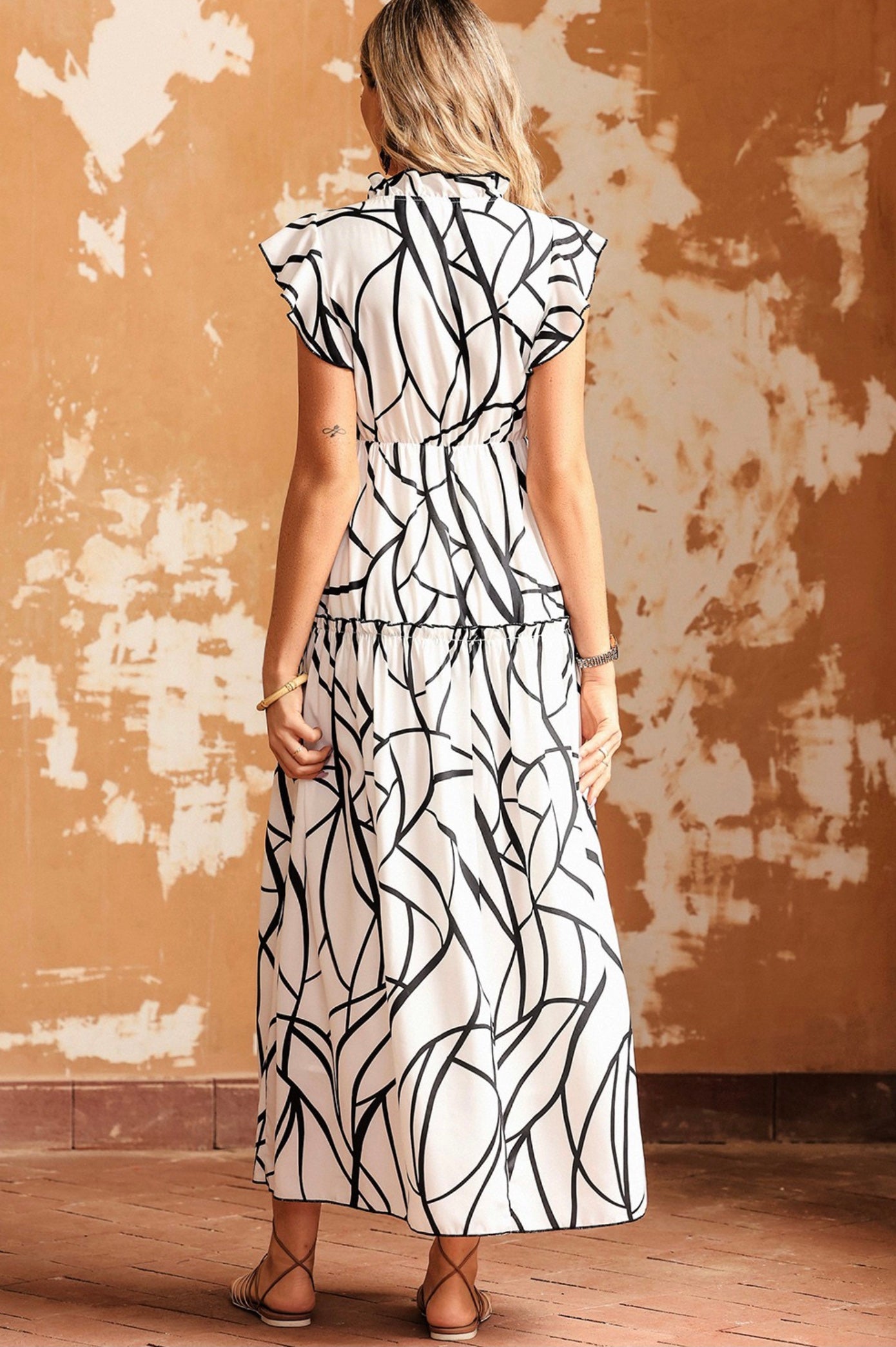 Abstract Print Ruffle Maxi Dress