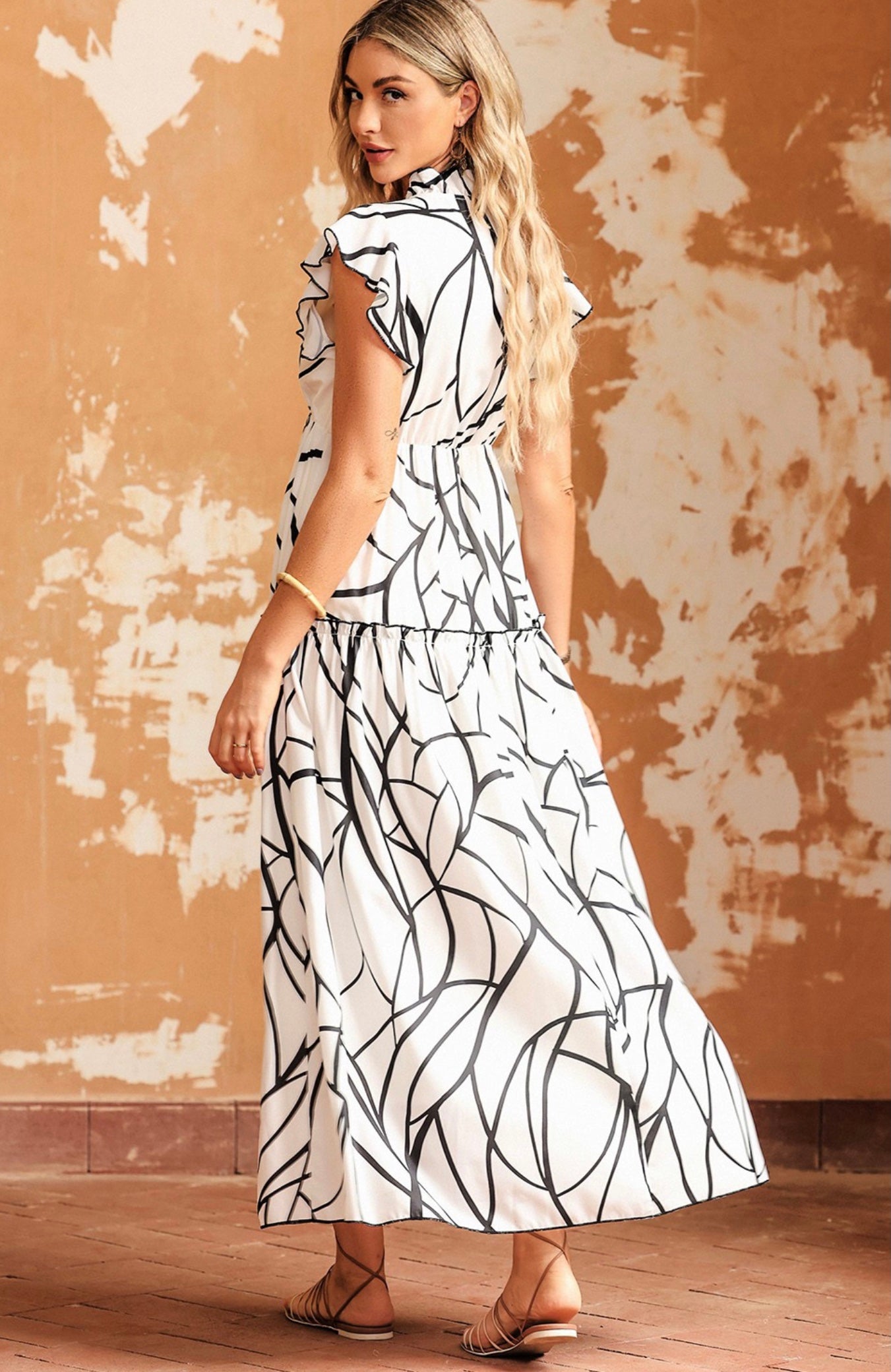 Abstract Print Ruffle Maxi Dress